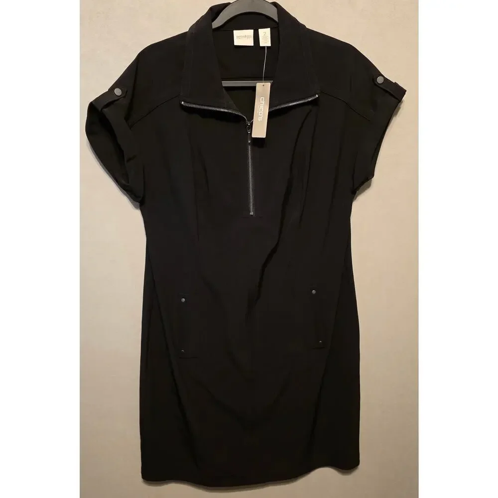 NWT Zenergy by Chico's Black Dress half-zip pockets collard size 2